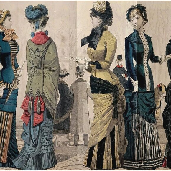 1881 On The Boulevard Hand Colored Engraving Victorian Women's Fashion DWQQ21 - Picture 1 of 2
